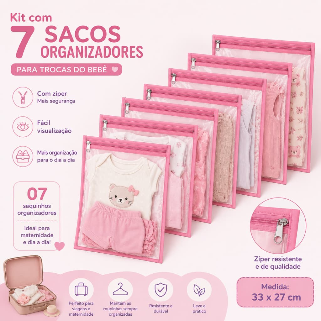 Kit 7 Saquinhos Maternidade Organizador Mala Bebê 27 x 33 MALA/VIAGEM/ROUPA MOLHADA e SECA | Shopee Brasil