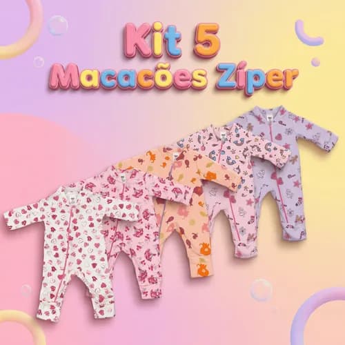 Kit 5 Macacão Estampado Ziper Bebê Inverno Algodão Vira Pé Menina P